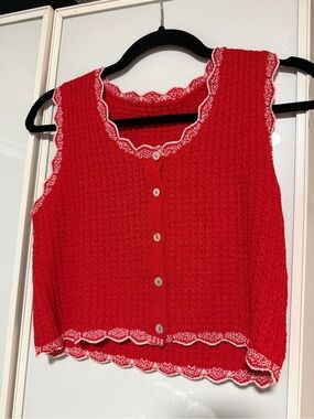 Commense Red Crochet Button Front Sleeveless Crop Top with White Trim